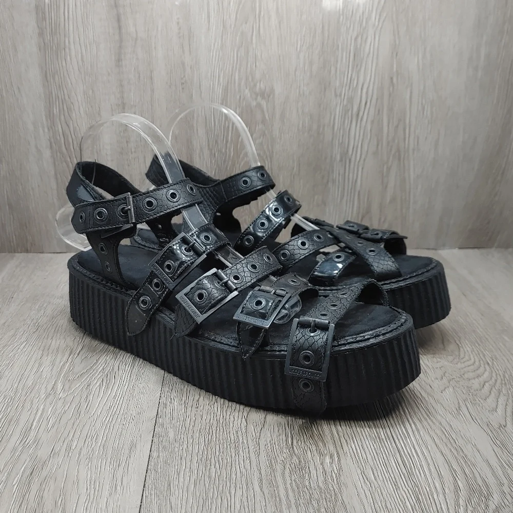 Underground England Creeper Sandal Black Snake Leather Platform Sole‎ UK 9 US 10